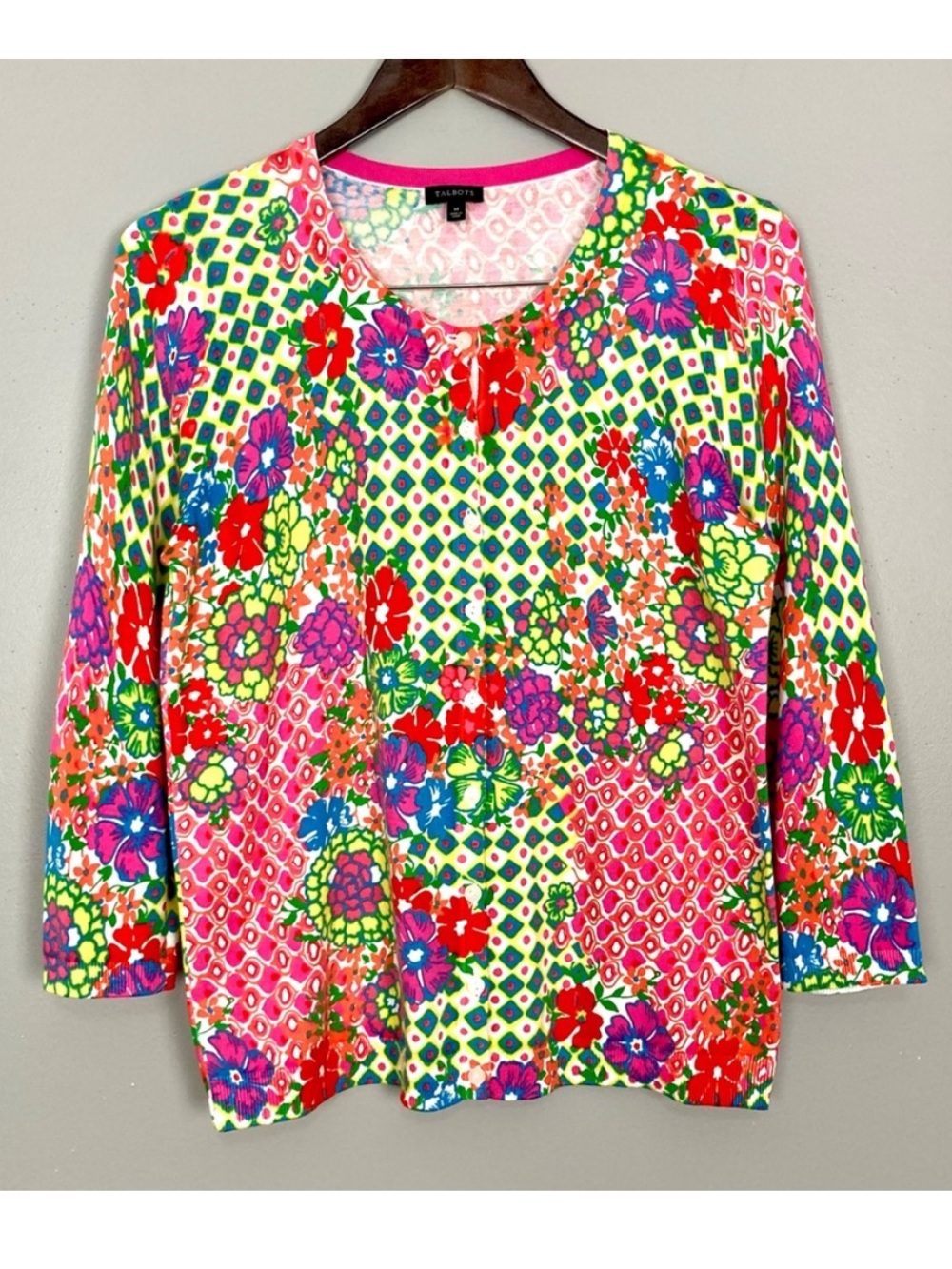 Talbots Vibrant Floral Cardigan Sweater Women’s Size M Button Front 3/4 Sleeves